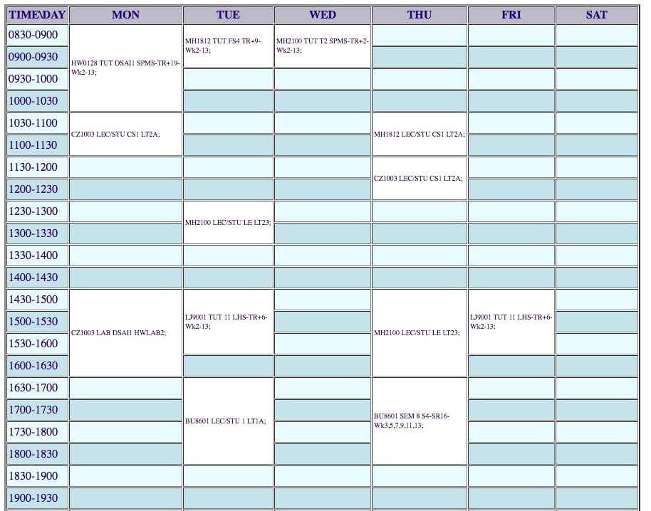 Sample timetable